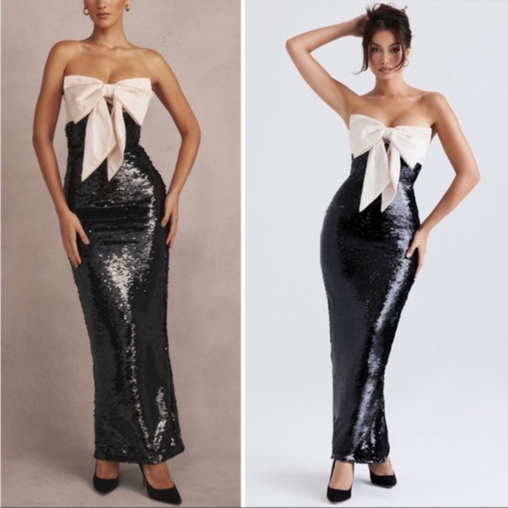 House of CB Holly Black Sequin Strapless Bow Maxi Dress